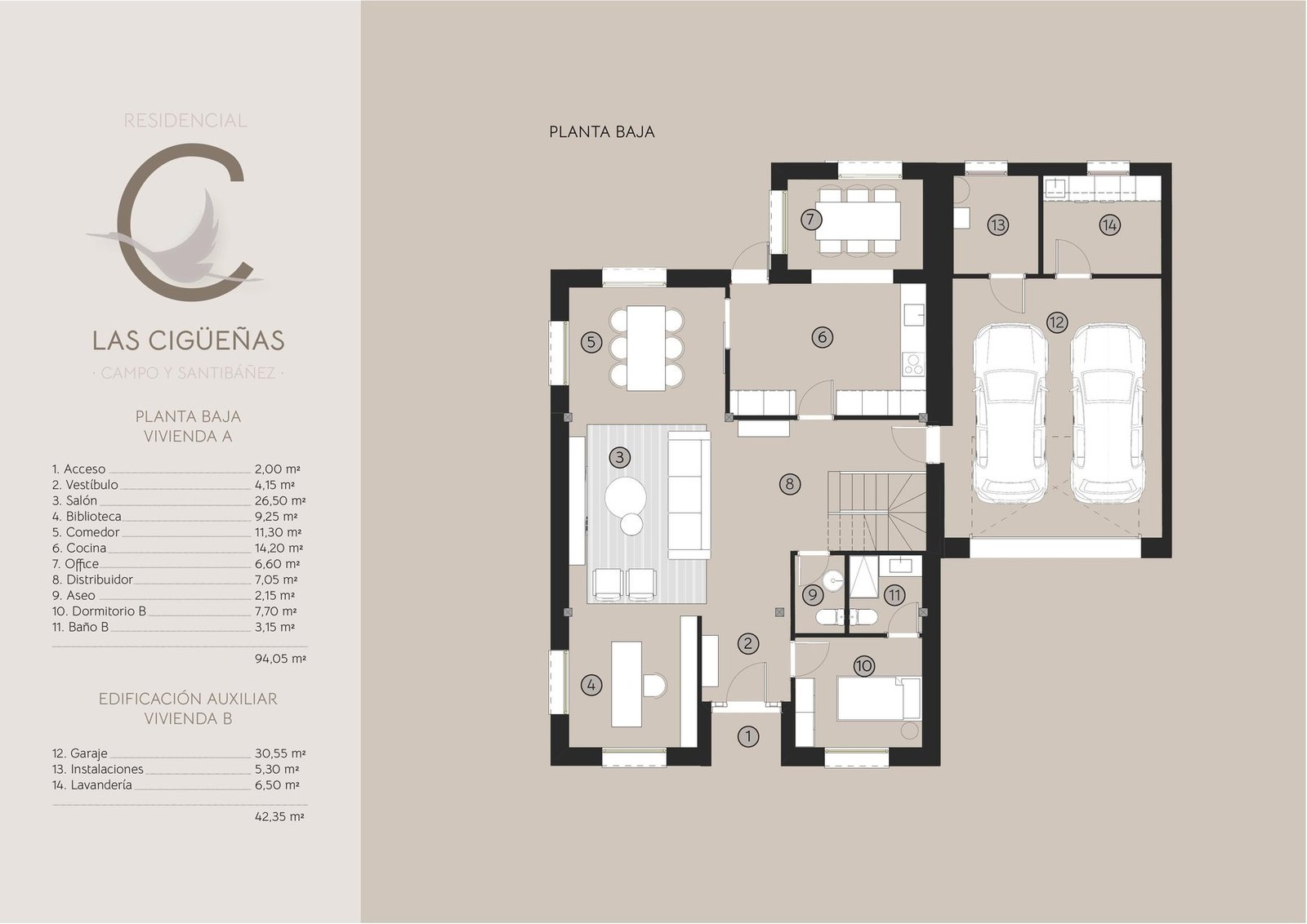 Plano de la planta baja del chalet tipo A en Residencial Las Cigüeñas, León