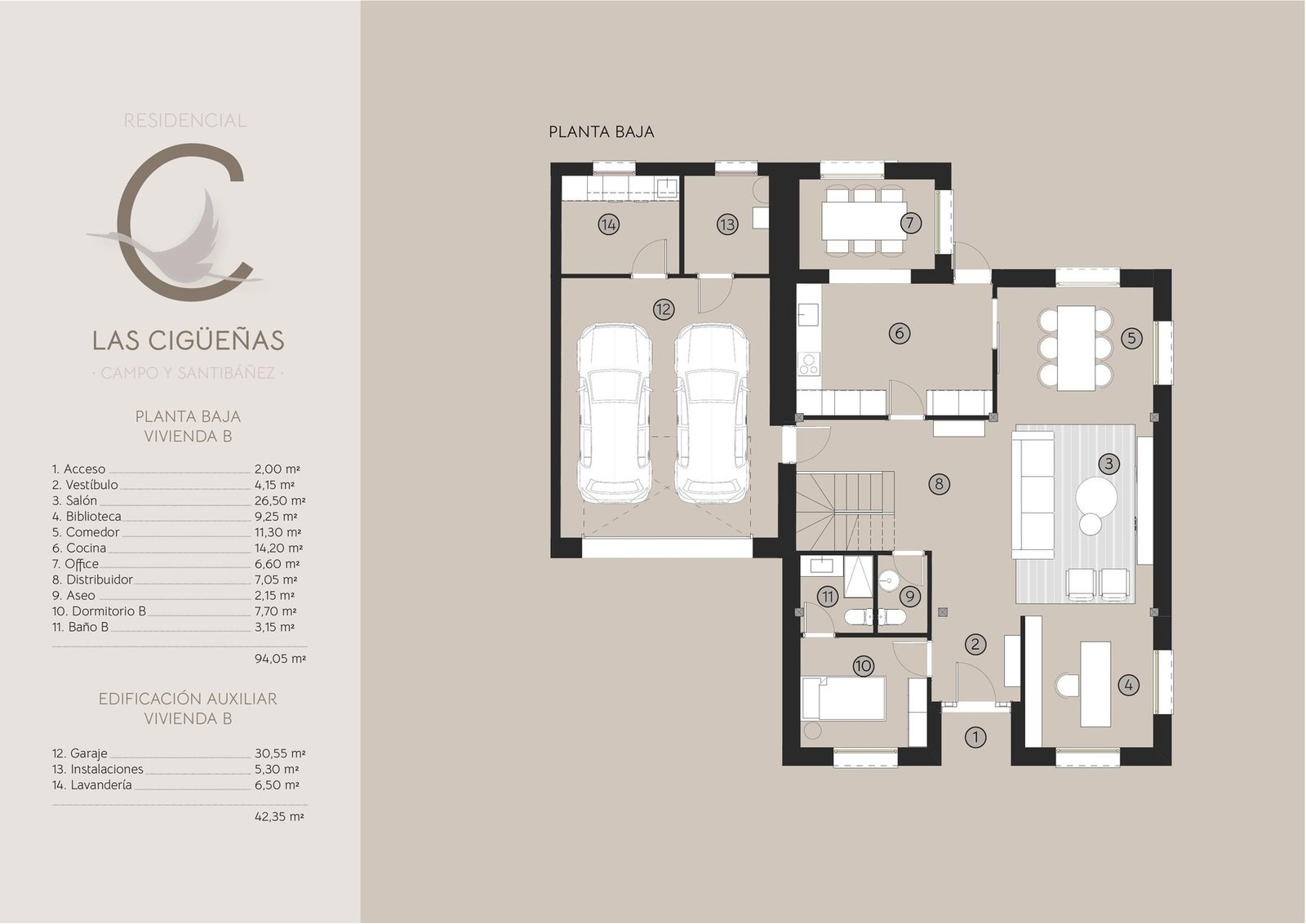 Plano de la planta baja del chalet tipo B en Residencial Las Cigüeñas, León