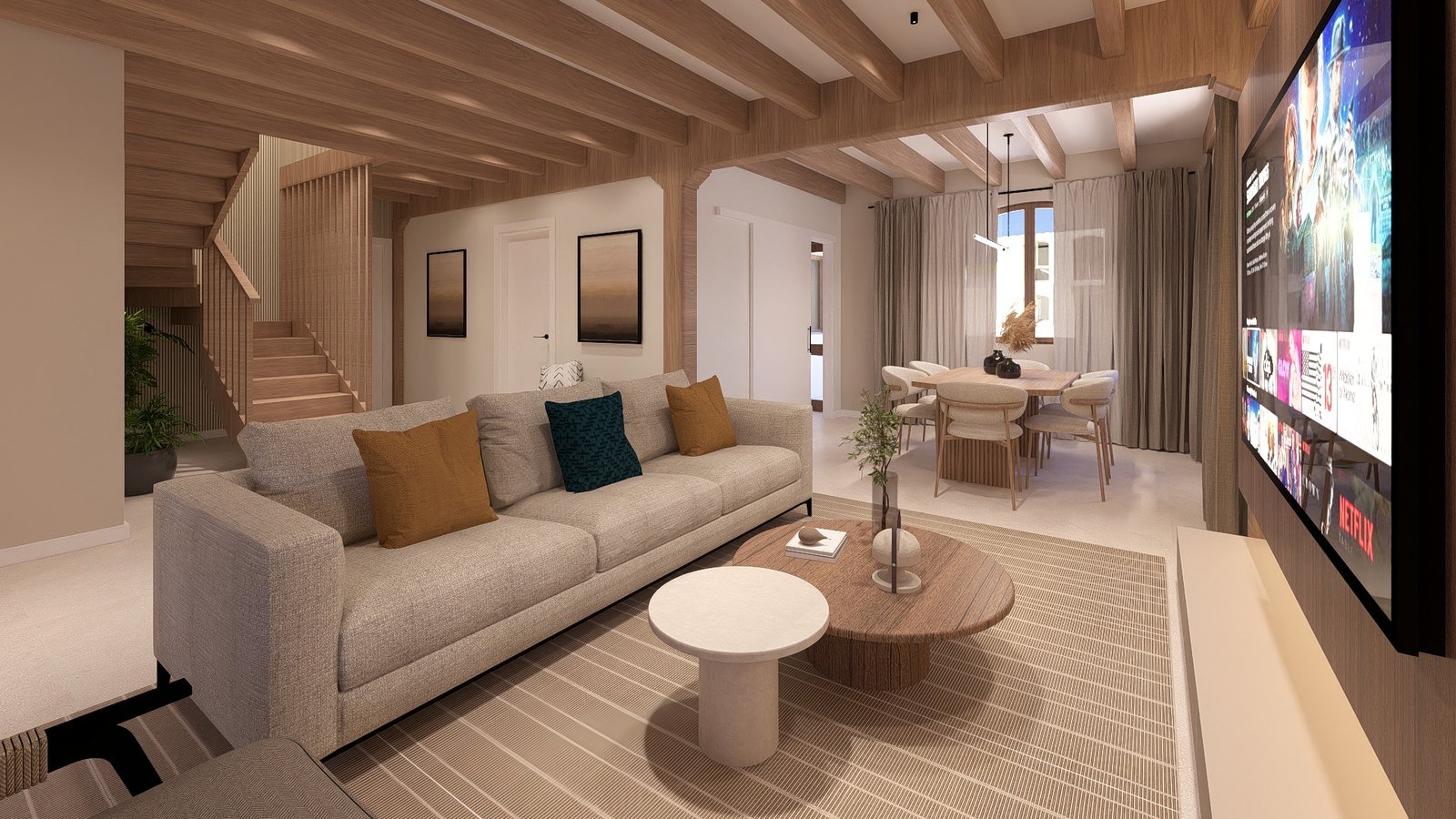 Salón y escalera de madera en chalet de obra nueva en León